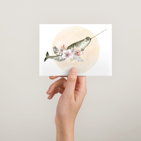 Watercolor Floral Narwhal Wall Art Illustration Print Poster Card Unframed - Picture 5 of 5